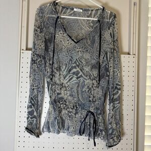 Cache Peplum Blouse Women's Blue Metallic Sheer Velvet Trim Raw Edge Top 90s Y2K